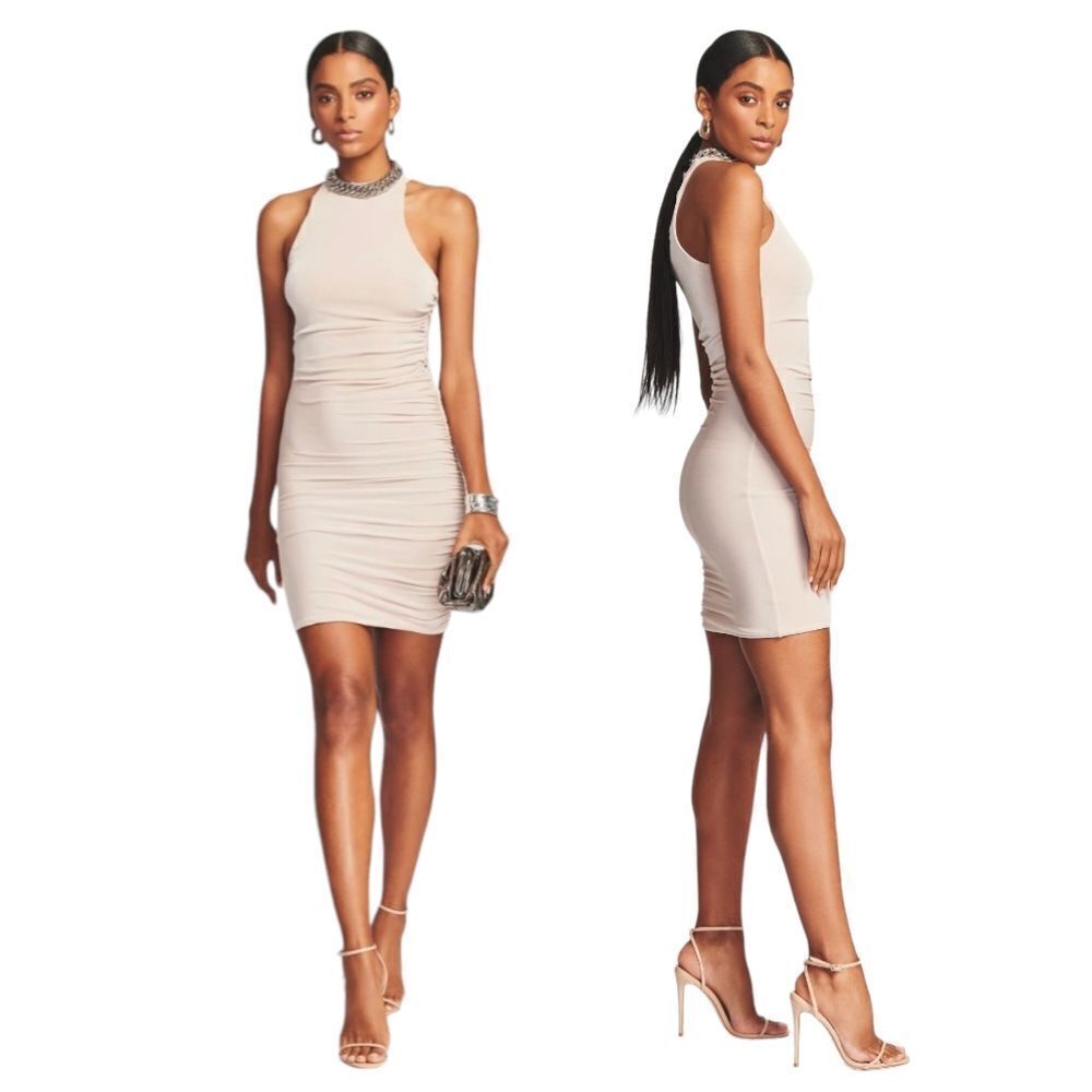 NEW SER.O.YA High Neck Fine Mesh Ruched Cosette Dress in Beige sz M NWT